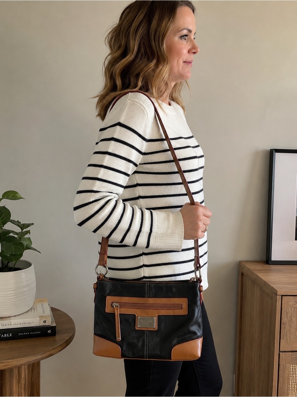 Tignanello Black and Tan Leather Trim Crossbody Bag